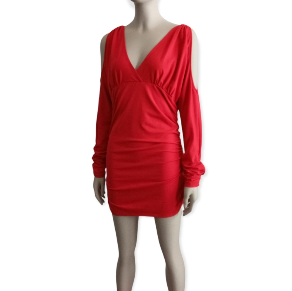 FREDRICK OF HOLLYWOOD red long sleeve cold shoulder dress vintage